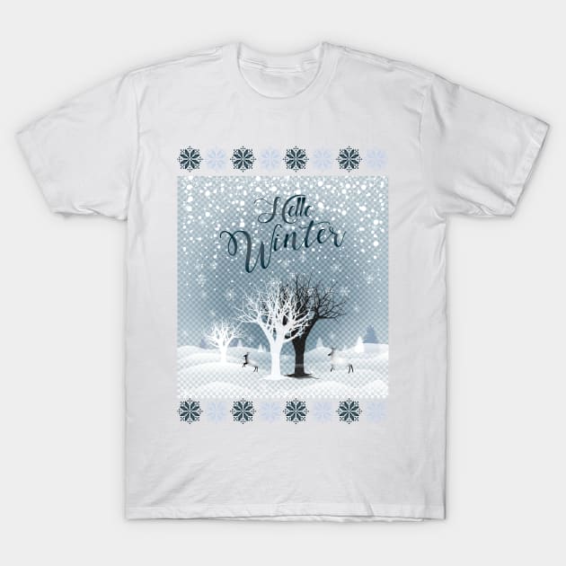 Winter Holiday Fairy Tale Snowy Forest and Reindeer T-Shirt by sofiartmedia